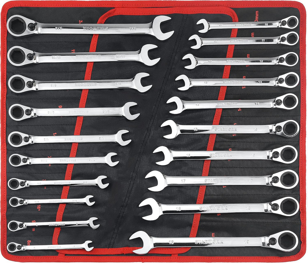 STARWORK TRUE MECHANIC™ 20 Pc. Reversible Ratcheting Wrench Set, Combination Ratchet Wrench Set, Non-Slip, Long Pattern, 6-Point 15° Offset, Professional, SAE/Metric (5/16-3/4' & 8-19 mm)