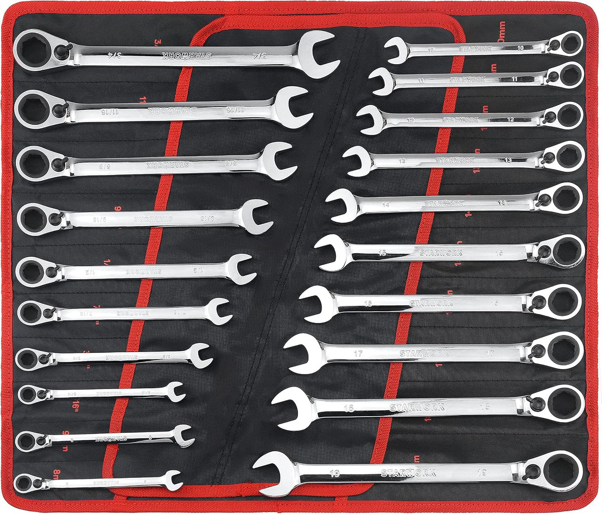 STARWORK TRUE MECHANIC™ 20 Pc. Reversible Ratcheting Wrench Set, Combination Ratchet Wrench Set, Non-Slip, Long Pattern, 6-Point 15° Offset, Professional, SAE/Metric (5/16-3/4' & 8-19 mm)