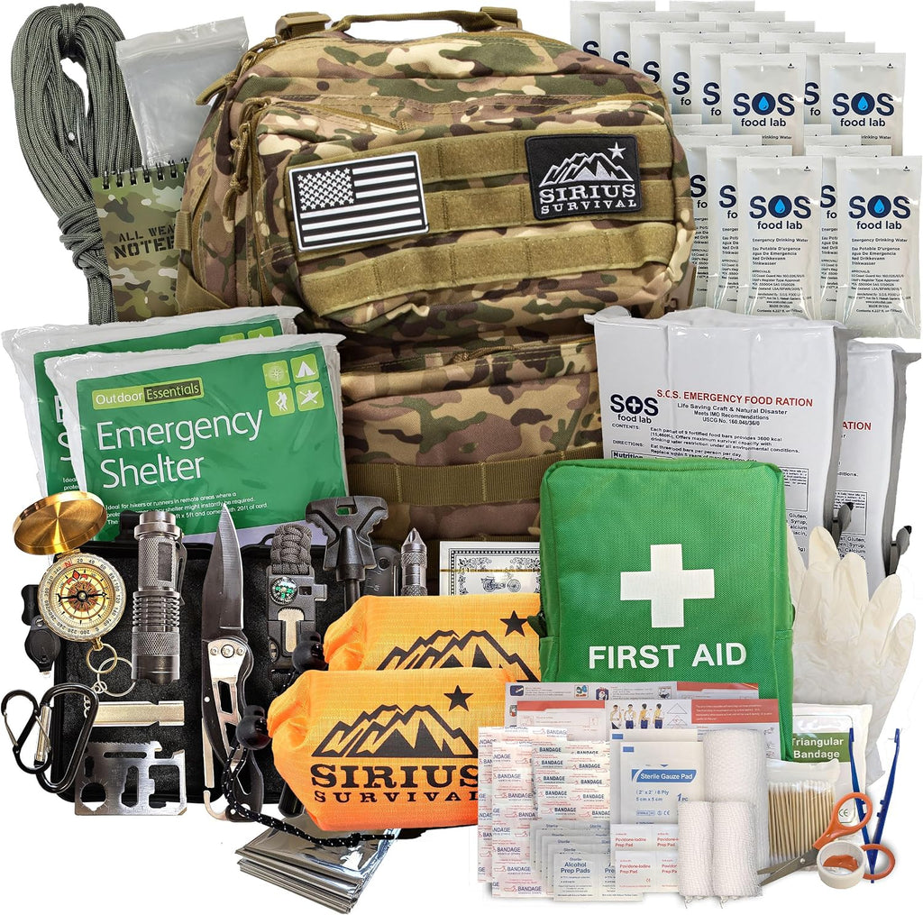 Sirius: Bug Out Bag Starter Kit - 72 Hour Kit for 1 Person – Backpack Survival Kit – 50L Tactical Backpack, US Made Food & Water, Medical Supplies & Survival Tools