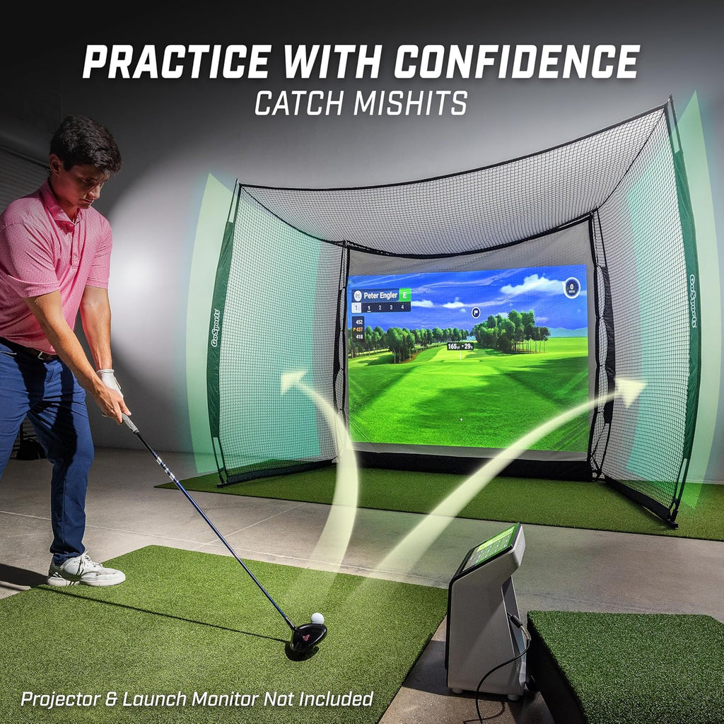 GoSports Range Cage 10 ft x 8 ft Golf Net Cage – Indoor & Outdoor Golf Practice Net for Full Swing Training and Home Golf Simulator Setups