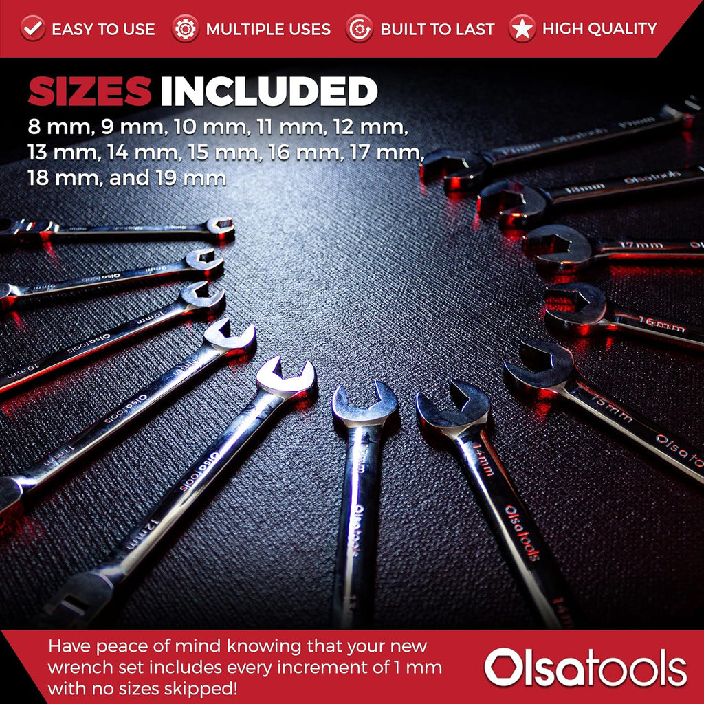 Olsa Tools Flex Head Ratcheting Wrench Set (Metric 12pc) | 6-Point Box End Ratchet Wrenches Set | 120 Tooth Ratchet Wrench Sets | Works on Stripped and Rounded Bolts | Professional Spanner Wrench