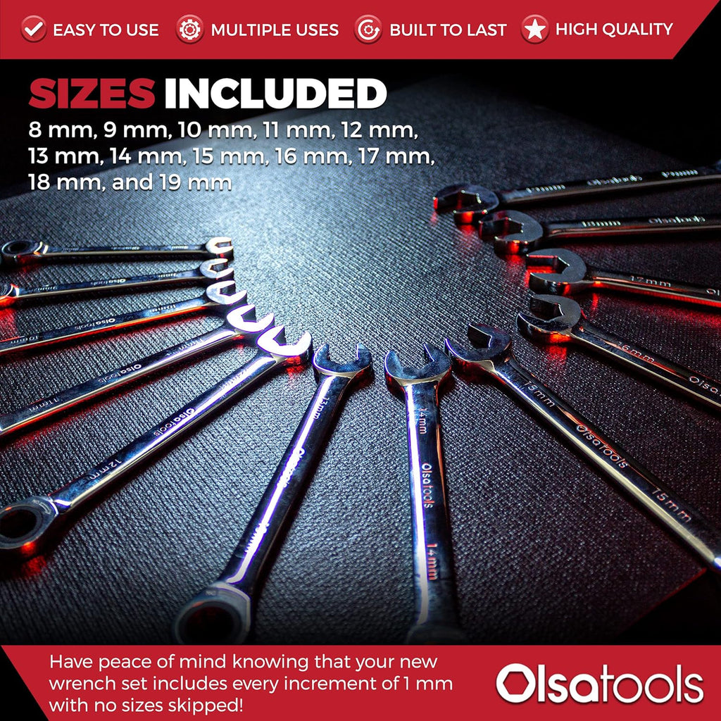 Olsa Tools Ratcheting Wrench Sets (Metric 12pc) - 6-Point Box End Ratchet Wrenches Set - 120 Tooth Metric Ratchet Wrench Set - Works on Stripped and Rounded Bolts - Professional Grade - Part: 1354