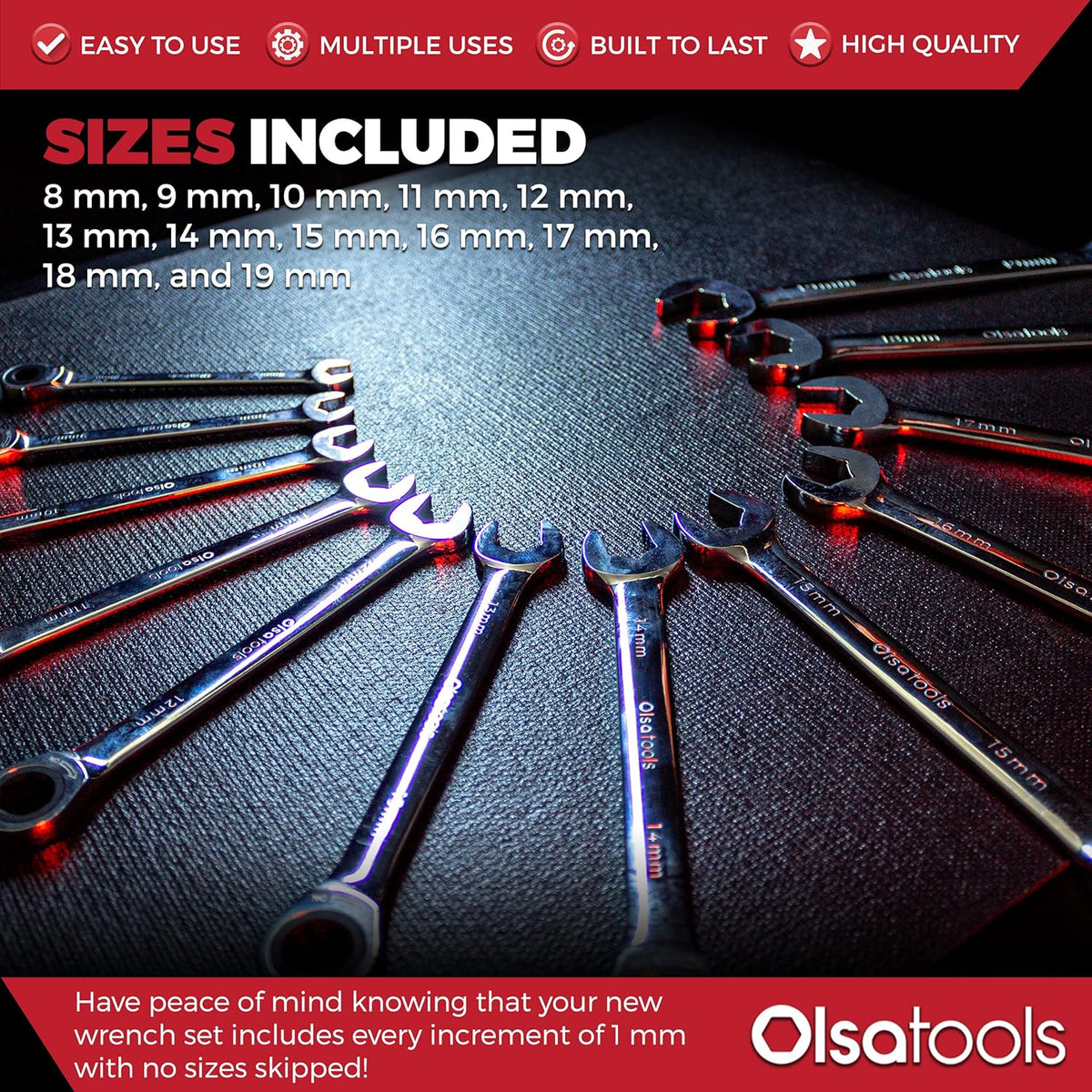 Olsa Tools Ratcheting Wrench Sets (Metric 12pc) - 6-Point Box End Ratchet Wrenches Set - 120 Tooth Metric Ratchet Wrench Set - Works on Stripped and Rounded Bolts - Professional Grade - Part: 1354