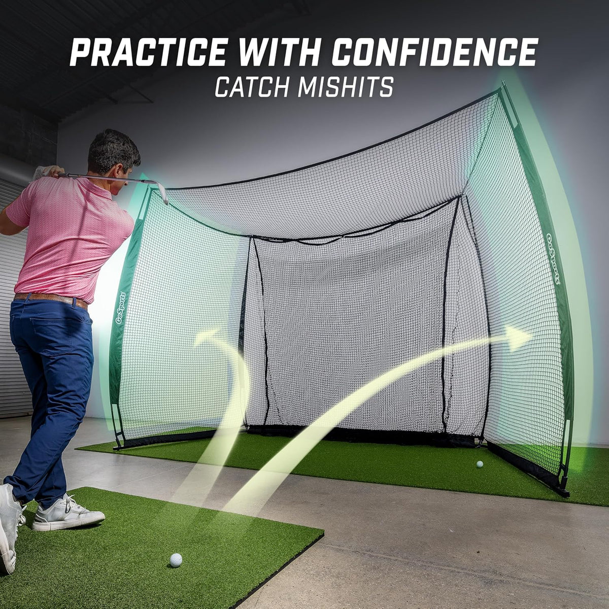 GoSports Range Cage 10 ft x 8 ft Golf Net Cage – Indoor & Outdoor Golf Practice Net for Full Swing Training and Home Golf Simulator Setups