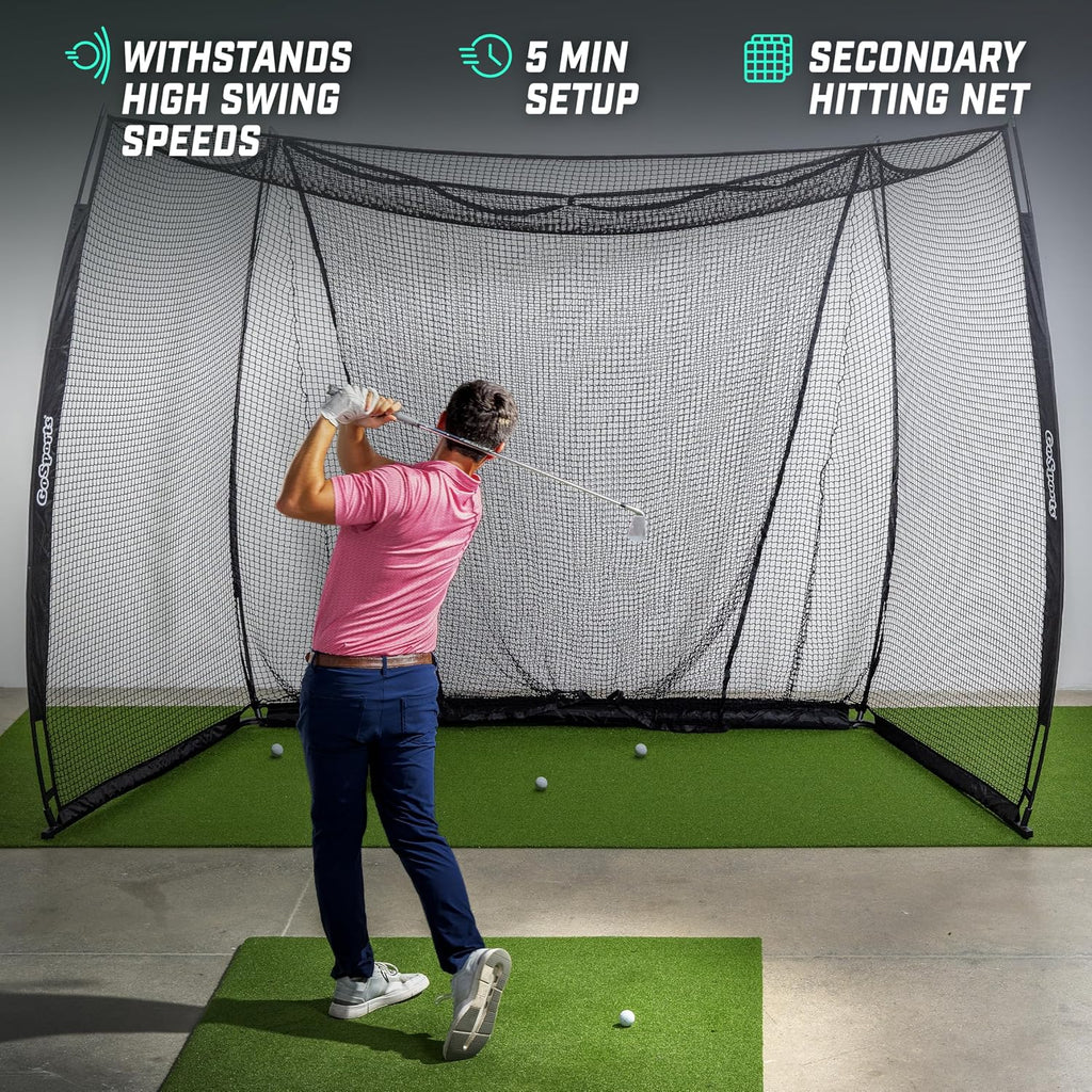 GoSports Range Cage 10 ft x 8 ft Golf Net Cage – Indoor & Outdoor Golf Practice Net for Full Swing Training and Home Golf Simulator Setups