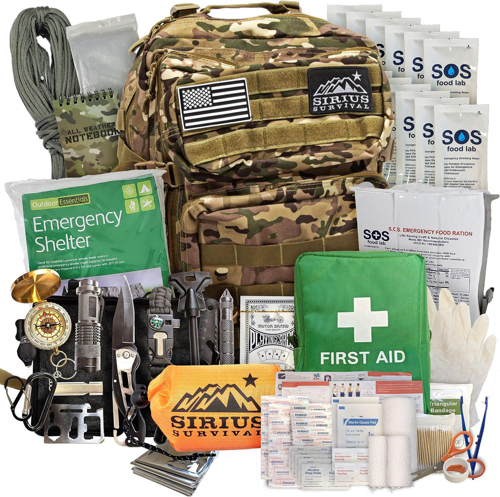 Sirius: Bug Out Bag Starter Kit - 72 Hour Kit for 1 Person – Backpack Survival Kit – 50L Tactical Backpack, US Made Food & Water, Medical Supplies & Survival Tools